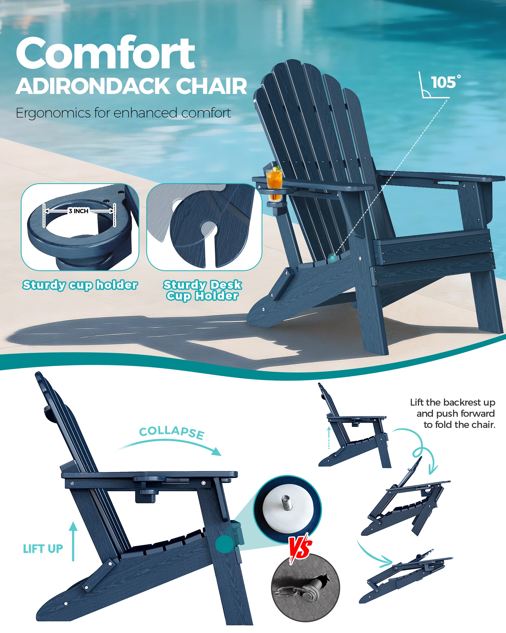 Cobiod Folding Adirondack Chairs Set of 4 with Double Cup Holders, HDPE All-Weather Patio Chair for Fire Pit, Pool & Garden