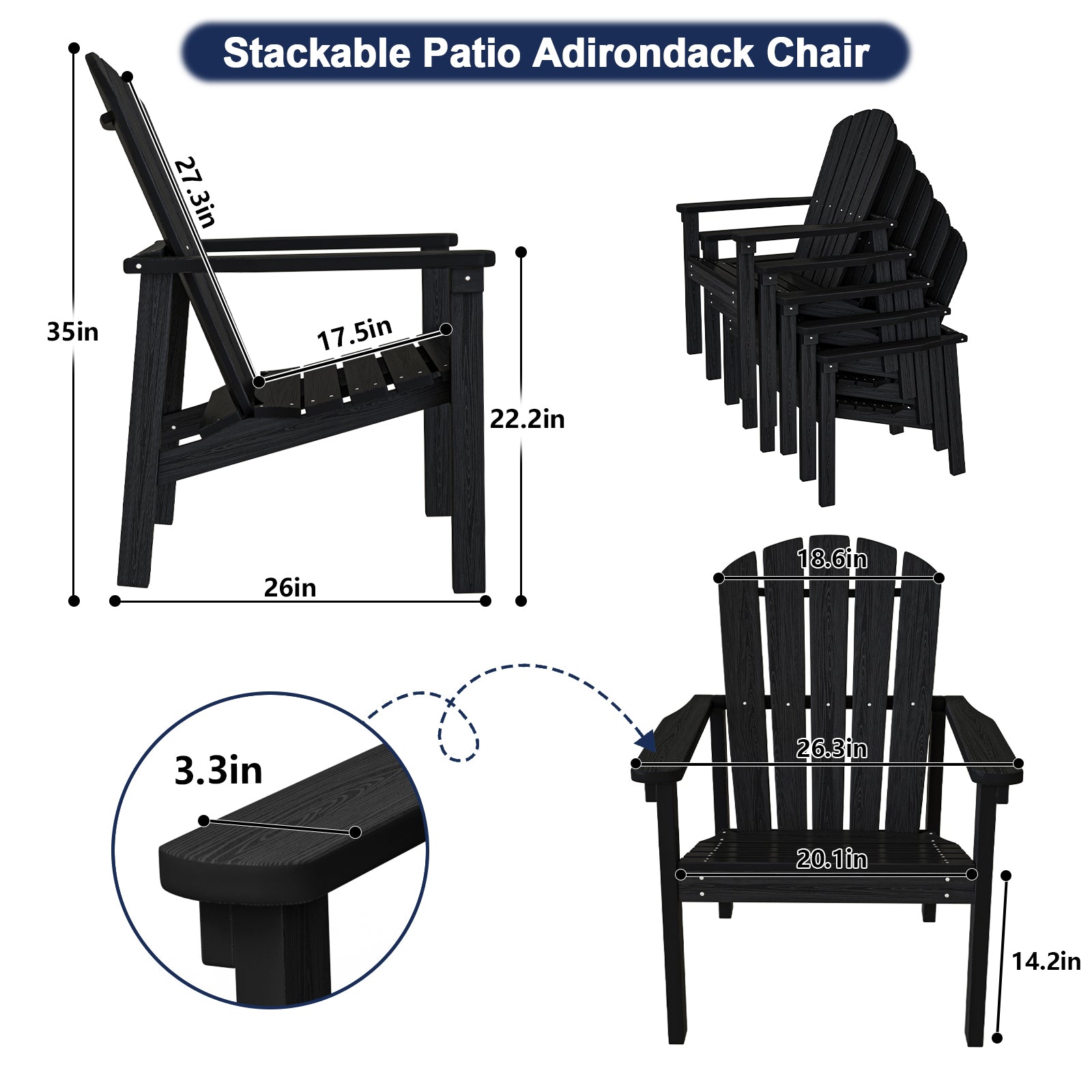 Cobiod Stackable Adirondack Chair, HDPE All-Weather Patio Chair, Wood Grain Ergonomic Outdoor Chair for Backyard