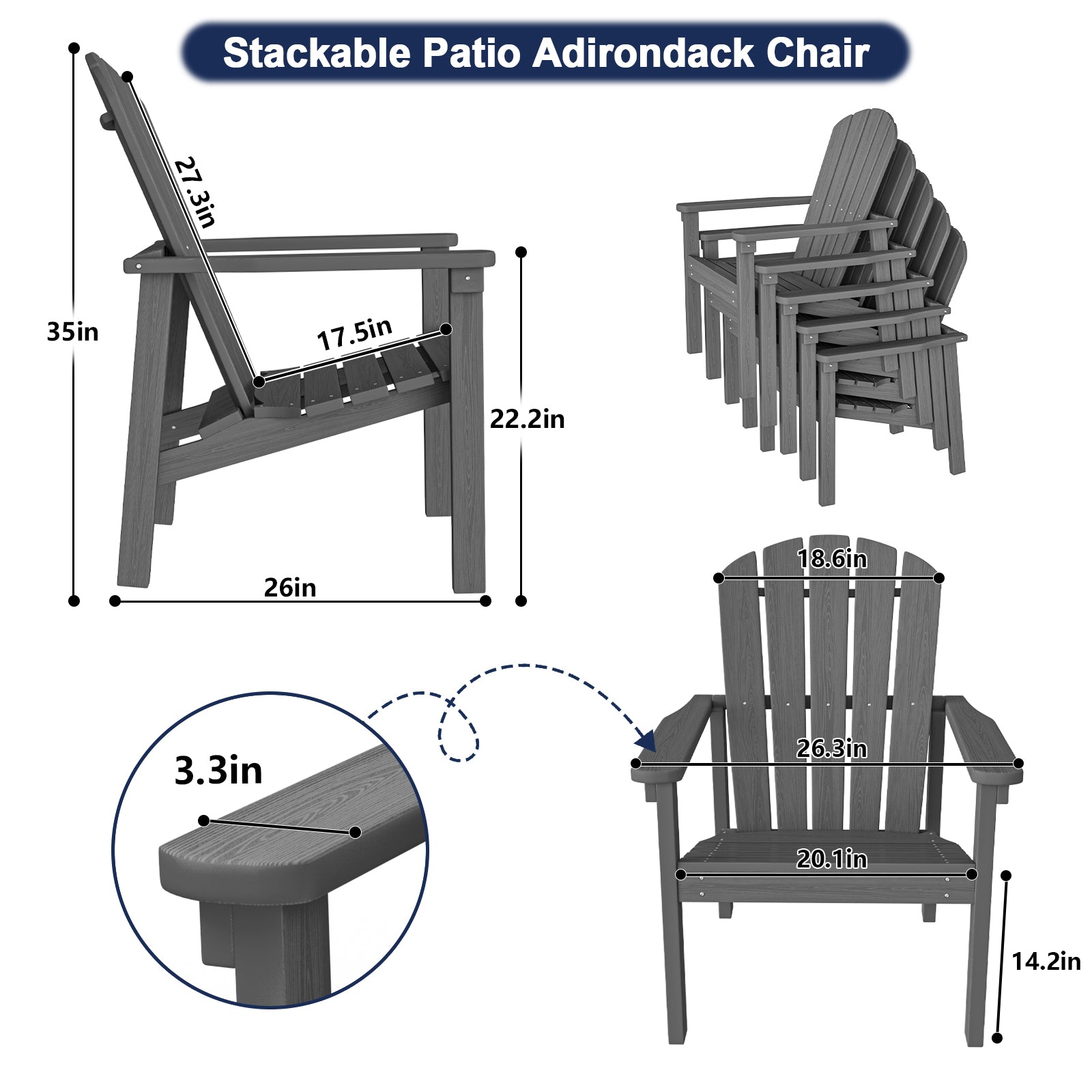 Cobiod Stackable Adirondack Chair Set of 2, HDPE All-Weather Patio Chair, Wood Grain Ergonomic Outdoor Chair for Backyard