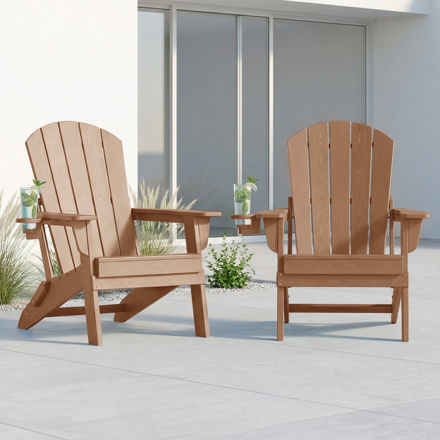 2-Piece Teak Style Adirondack Chair Set – Folding HDPE Outdoor Chairs for Patio, Porch & Backyard