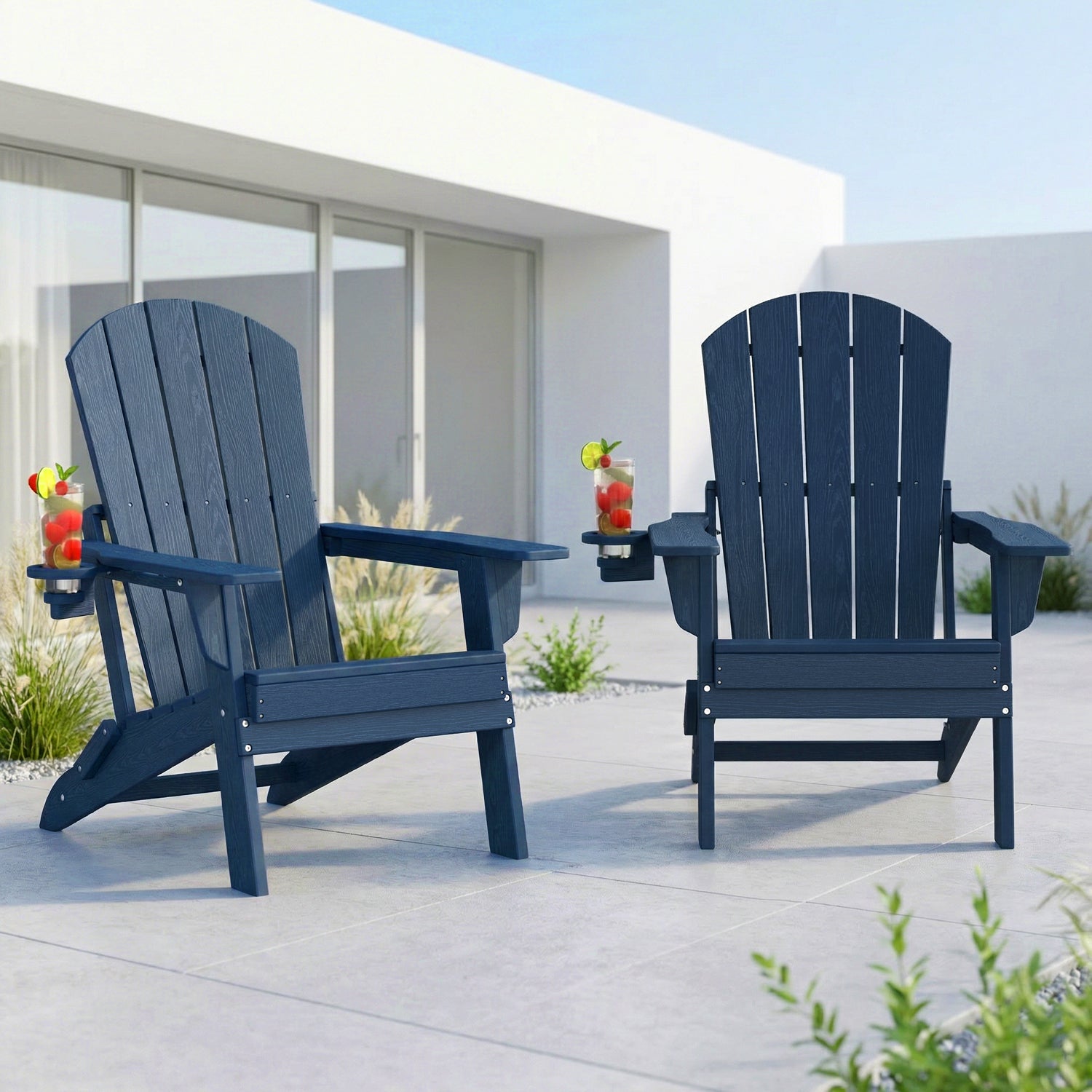 2-Piece Teak Style Adirondack Chair Set – Folding HDPE Outdoor Chairs for Patio, Porch & Backyard