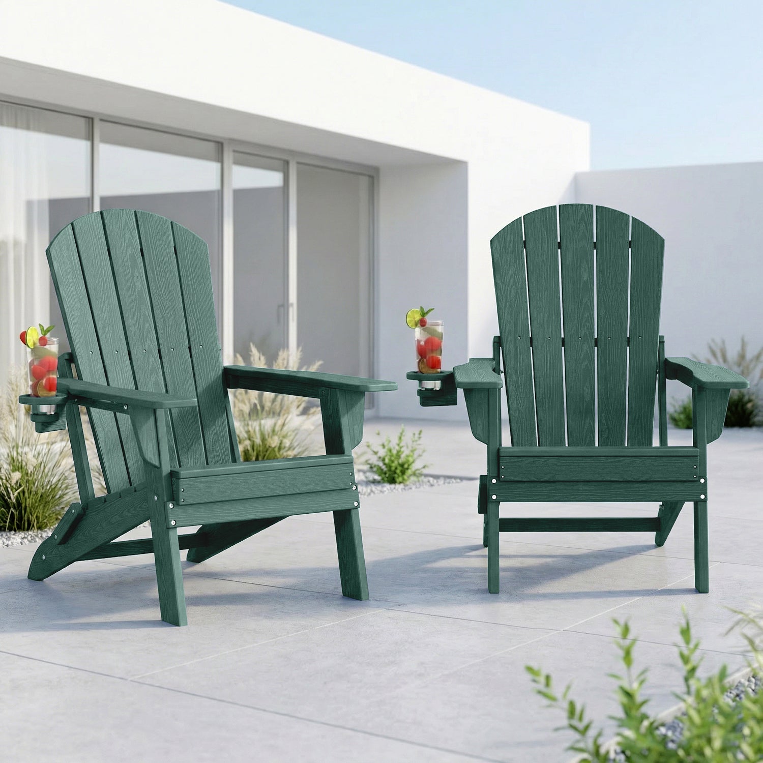 2-Piece Teak Style Adirondack Chair Set – Folding HDPE Outdoor Chairs for Patio, Porch & Backyard