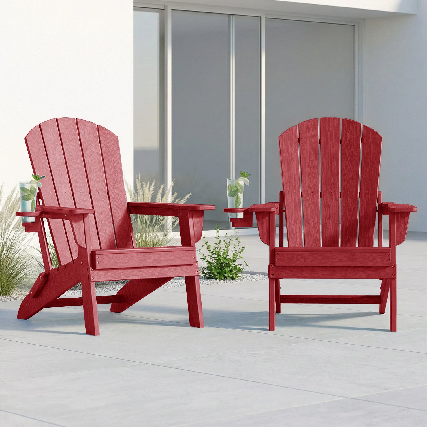 2-Piece Teak Style Adirondack Chair Set – Folding HDPE Outdoor Chairs for Patio, Porch & Backyard