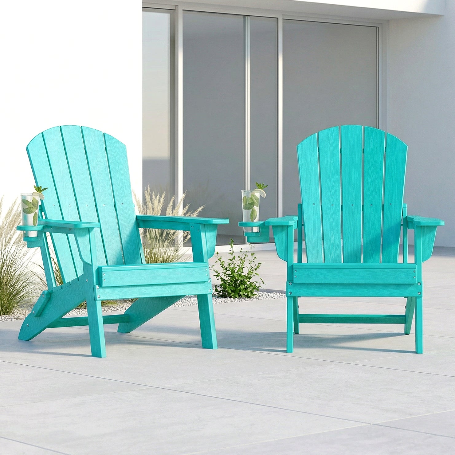 2-Piece Teak Style Adirondack Chair Set – Folding HDPE Outdoor Chairs for Patio, Porch & Backyard