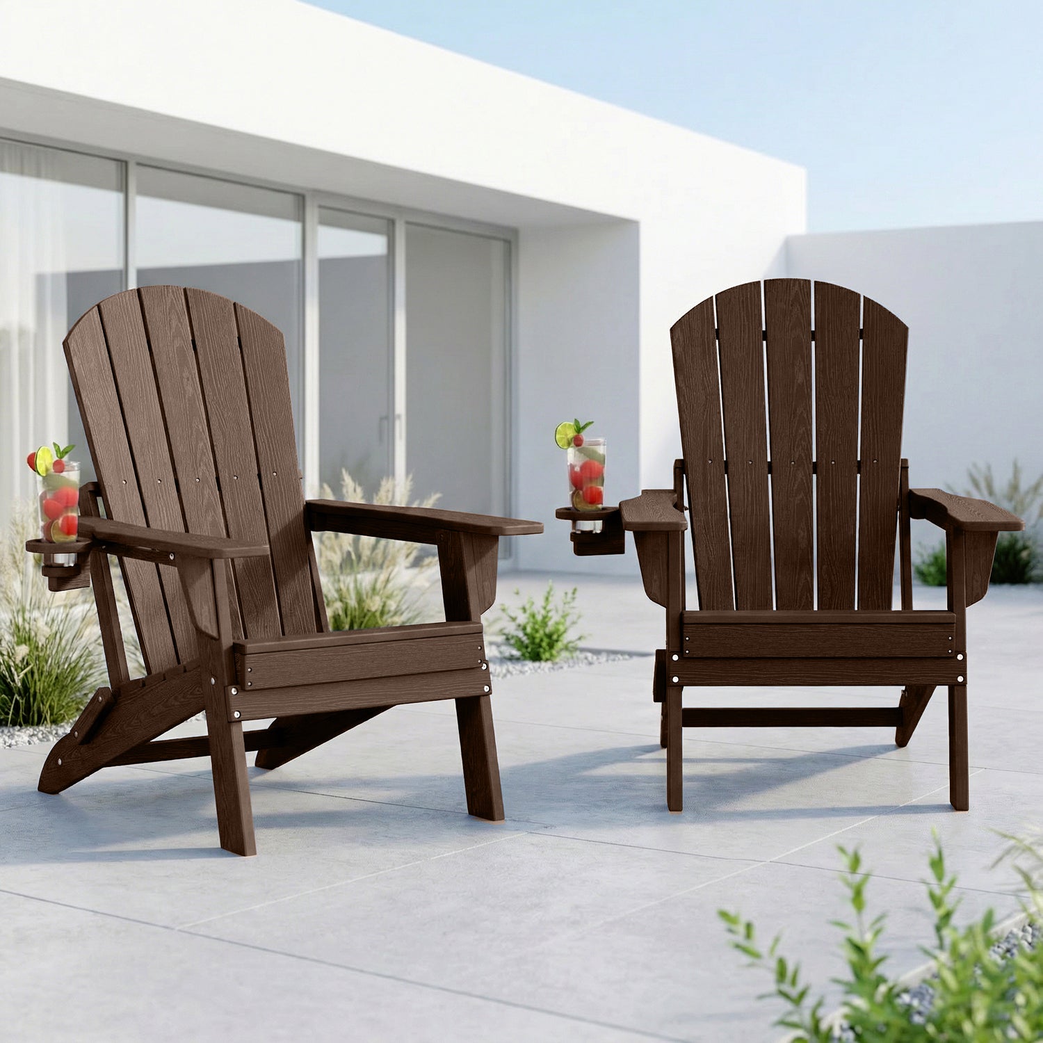 2-Piece Teak Style Adirondack Chair Set – Folding HDPE Outdoor Chairs for Patio, Porch & Backyard