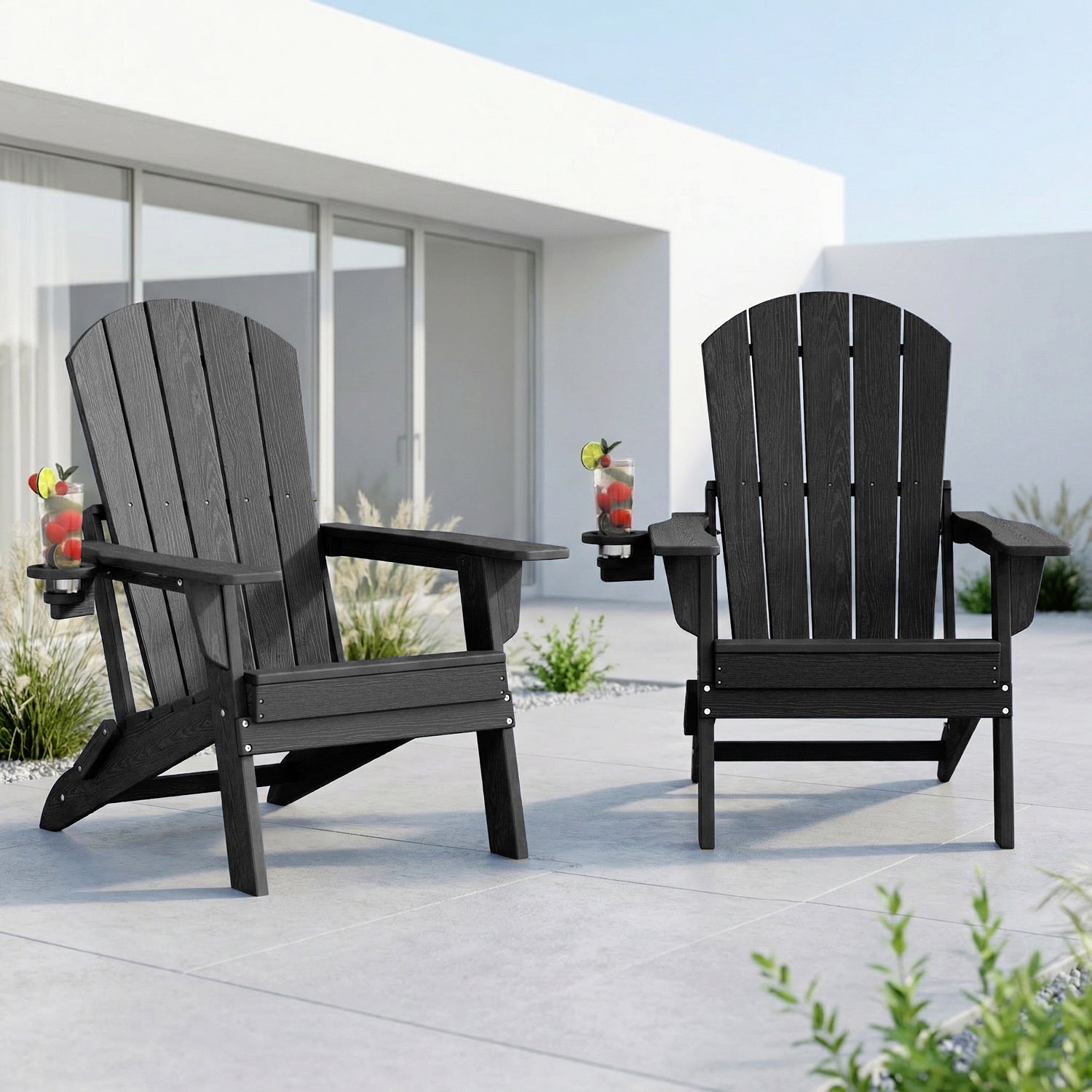 2-Piece Teak Style Adirondack Chair Set – Folding HDPE Outdoor Chairs for Patio, Porch & Backyard