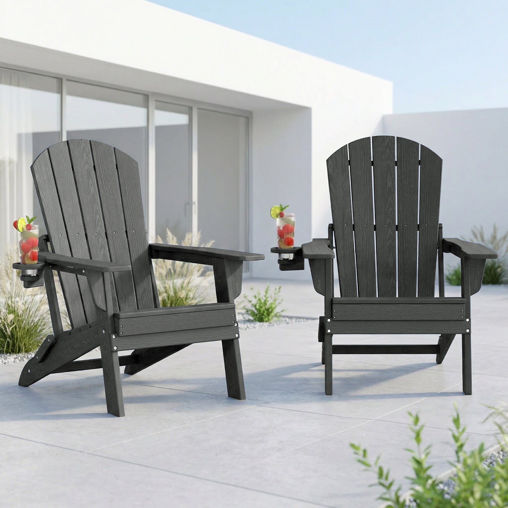2-Piece Teak Style Adirondack Chair Set – Folding HDPE Outdoor Chairs for Patio, Porch & Backyard