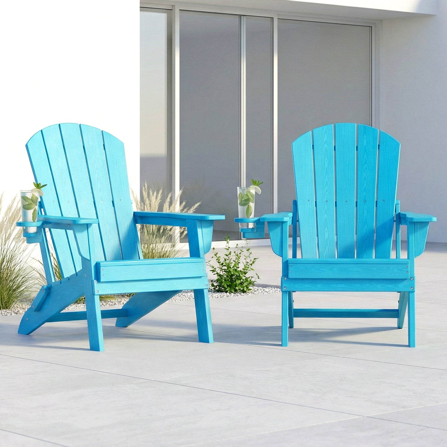 2-Piece Teak Style Adirondack Chair Set – Folding HDPE Outdoor Chairs for Patio, Porch & Backyard