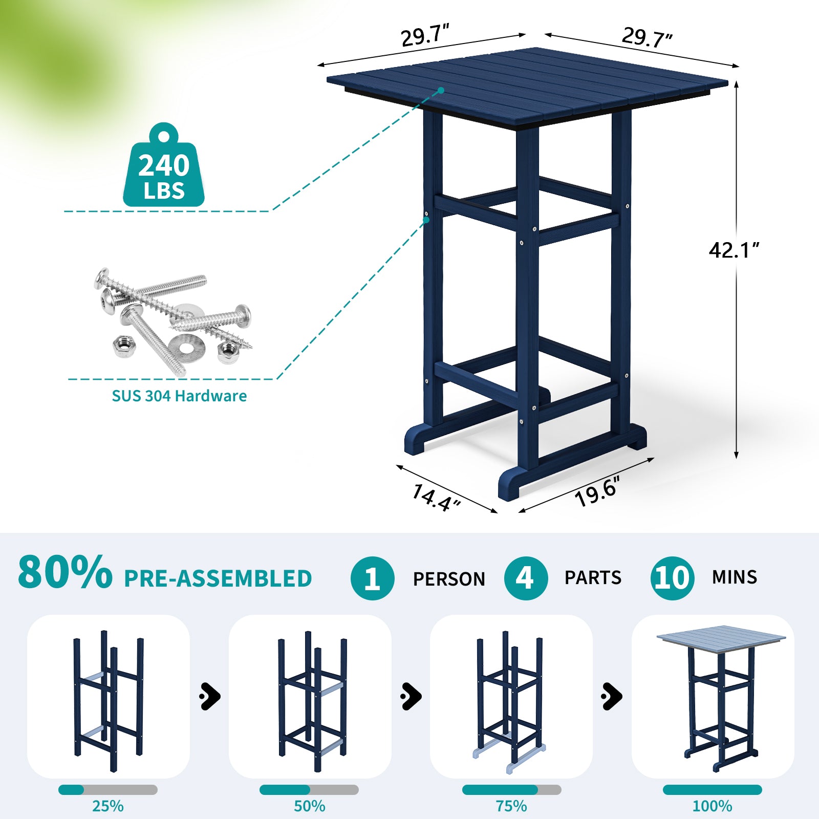 Cobiod HDPE Adirondack Bar Set, Outdoor Patio Bistro Table & Bar-Height Chairs (3-Piece & 5-Piece Options), All-Weather Fade-Resistant Furniture for Balcony, Deck, or Poolside