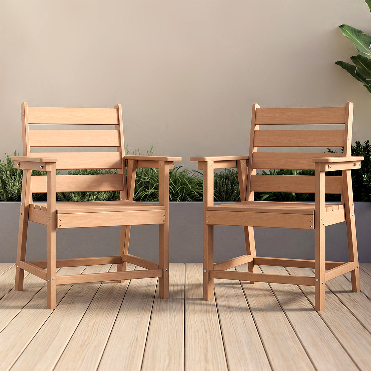 cobiod 2 Pack Patio Dining Chairs Outdoor HDPE Wood Grain Armchairs All Weather for Deck Backyard Porch Garden Poolside