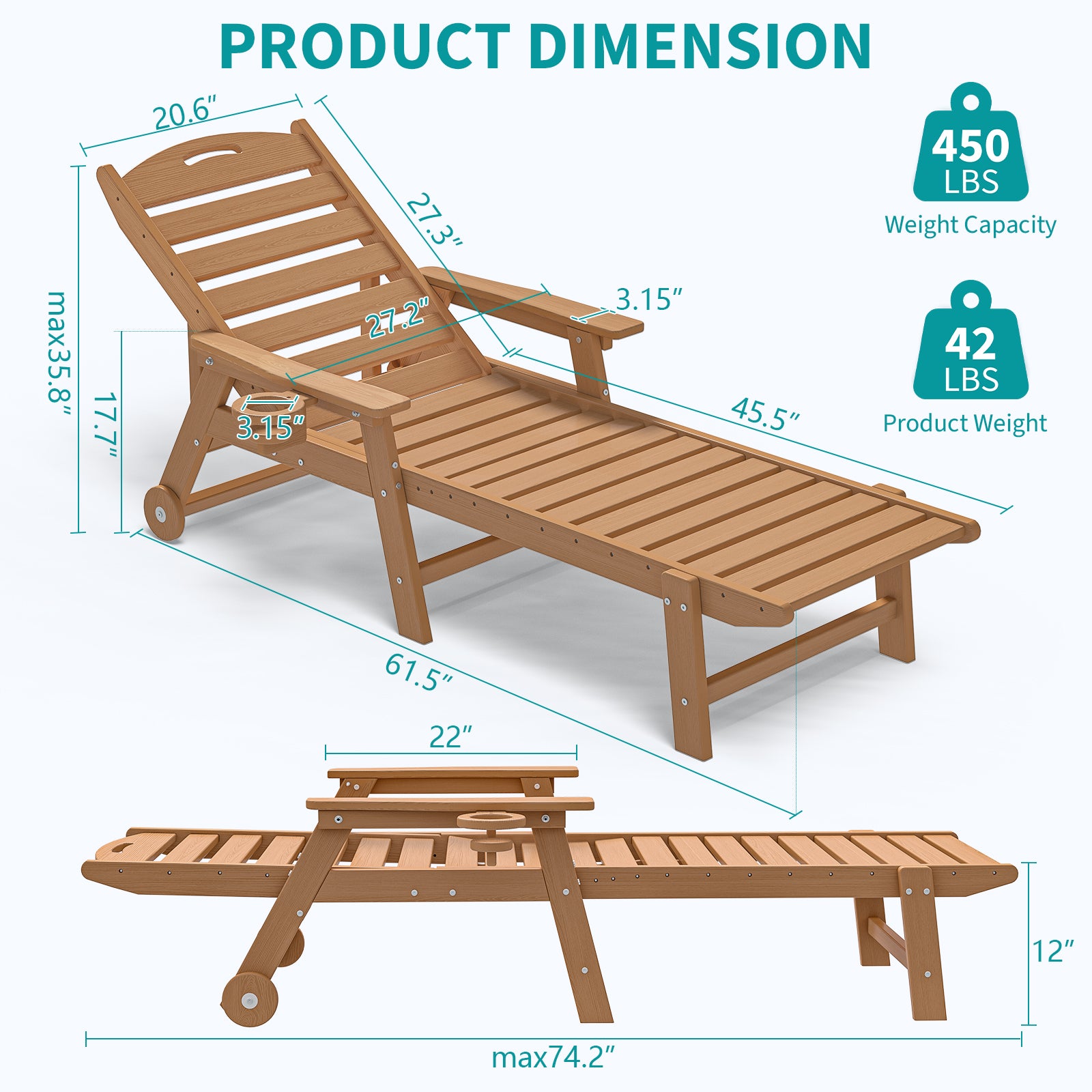 Cobiod Outdoor HDPE Adirondack Lounge Chair, 5-Position Recliner with Wheels & Cup Holder, 350 lb (Single or Set of 2)