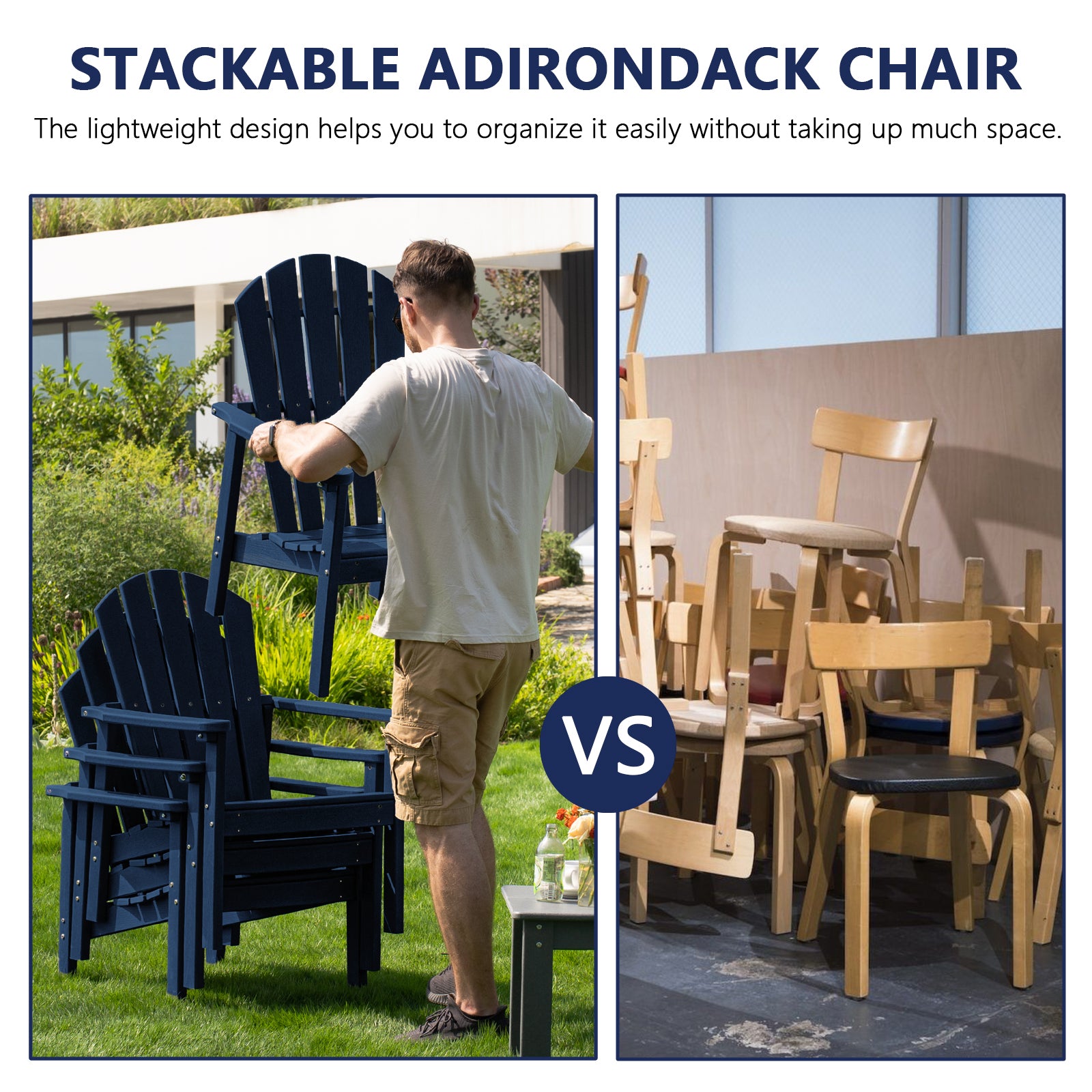 Cobiod Stackable Adirondack Patio Chair Set of 4, HDPE All-Weather Outdoor Lounge Chair, Wood Grain Ergonomic Design