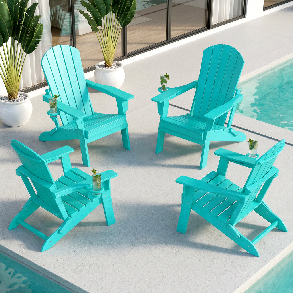 Folding Adirondack Chairs Set of 4 – Premium HDPE Outdoor Seating with Teak Wood Look