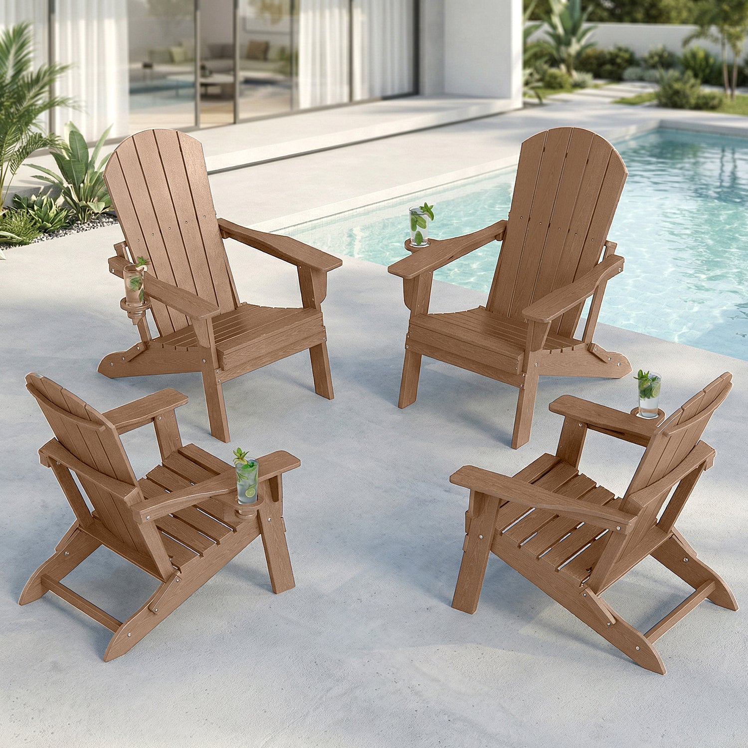 Folding Adirondack Chairs Set of 4 – Premium HDPE Outdoor Seating with Teak Wood Look