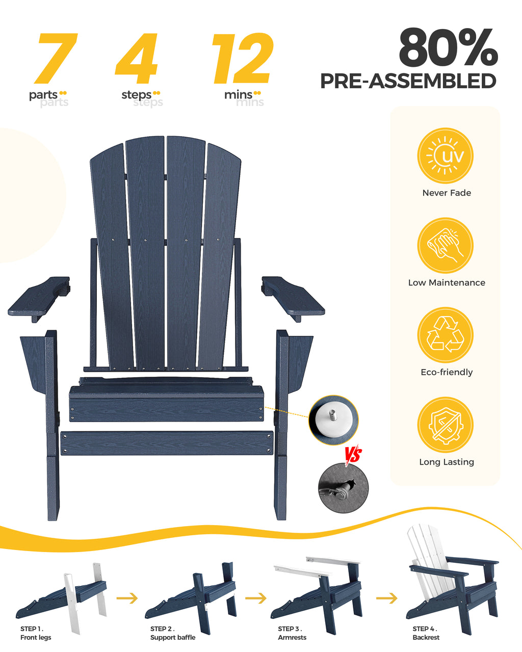 Cobiod Folding Adirondack Chair Set of 4, HDPE Patio Chair, All-Weather Space-Saving Foldable Fire Pit Seating for Camping, Backyard, Deck