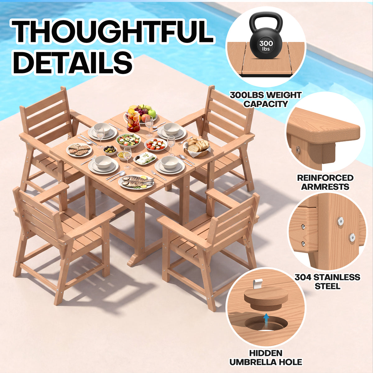 cobiod Patio Dining Set HDPE Wood Grain Table and Chairs Available in 5, 6 or 8 Pieces All Weather for Deck Backyard Porch Garden Poolside