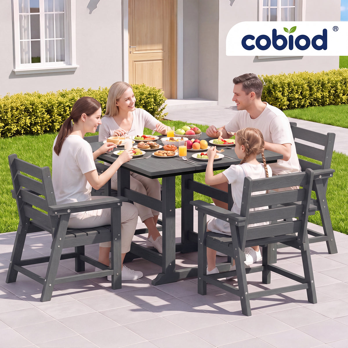 cobiod Patio Dining Set HDPE Wood Grain Table and Chairs Available in 5, 6 or 8 Pieces All Weather for Deck Backyard Porch Garden Poolside