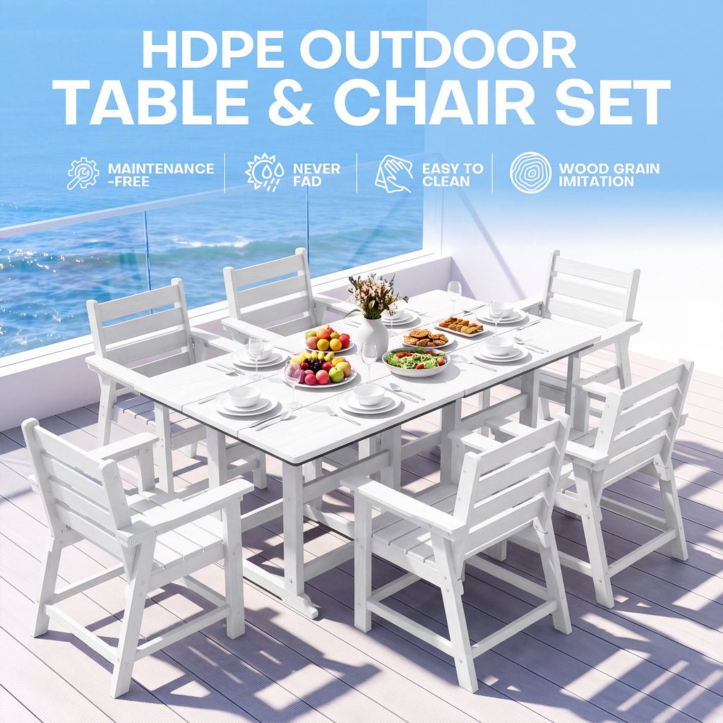 cobiod Patio Dining Set HDPE Wood Grain Table and Chairs Available in 5, 6 or 8 Pieces All Weather for Deck Backyard Porch Garden Poolside