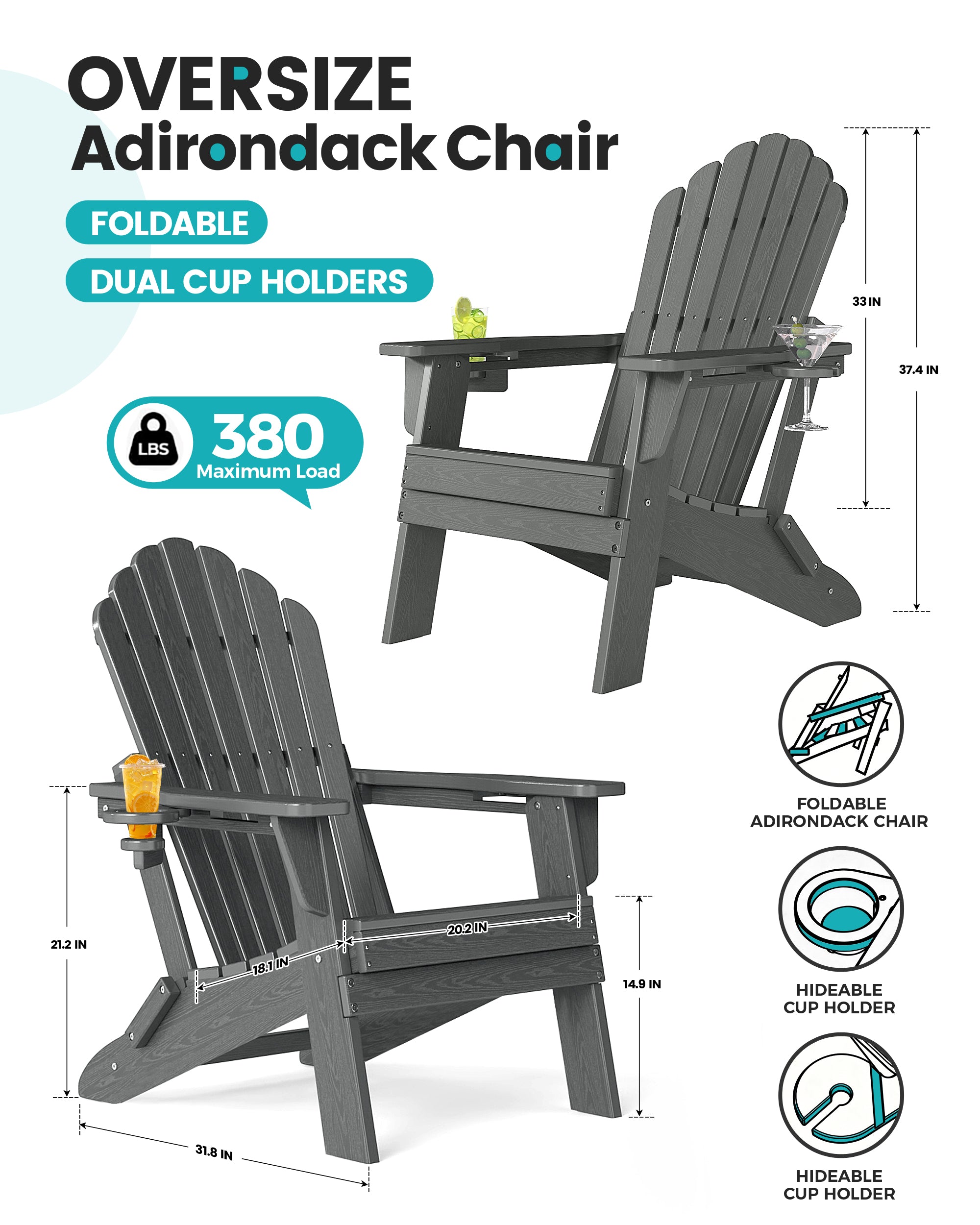 Cobiod Folding Adirondack Chairs Set of 4 with Double Cup Holders, HDPE All-Weather Patio Chair for Fire Pit, Pool & Garden