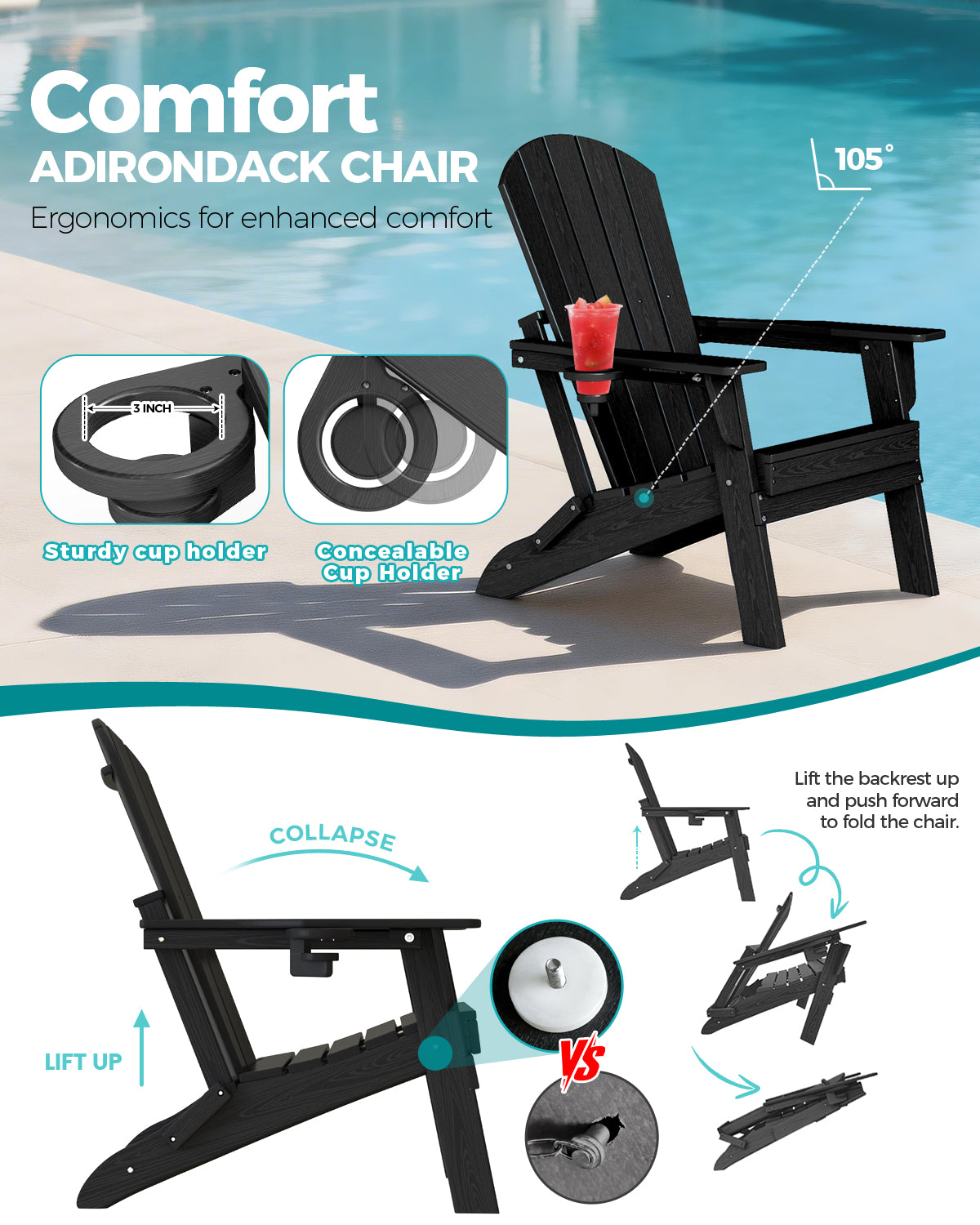 2-Piece Teak Style Adirondack Chair Set – Folding HDPE Outdoor Chairs for Patio, Porch & Backyard