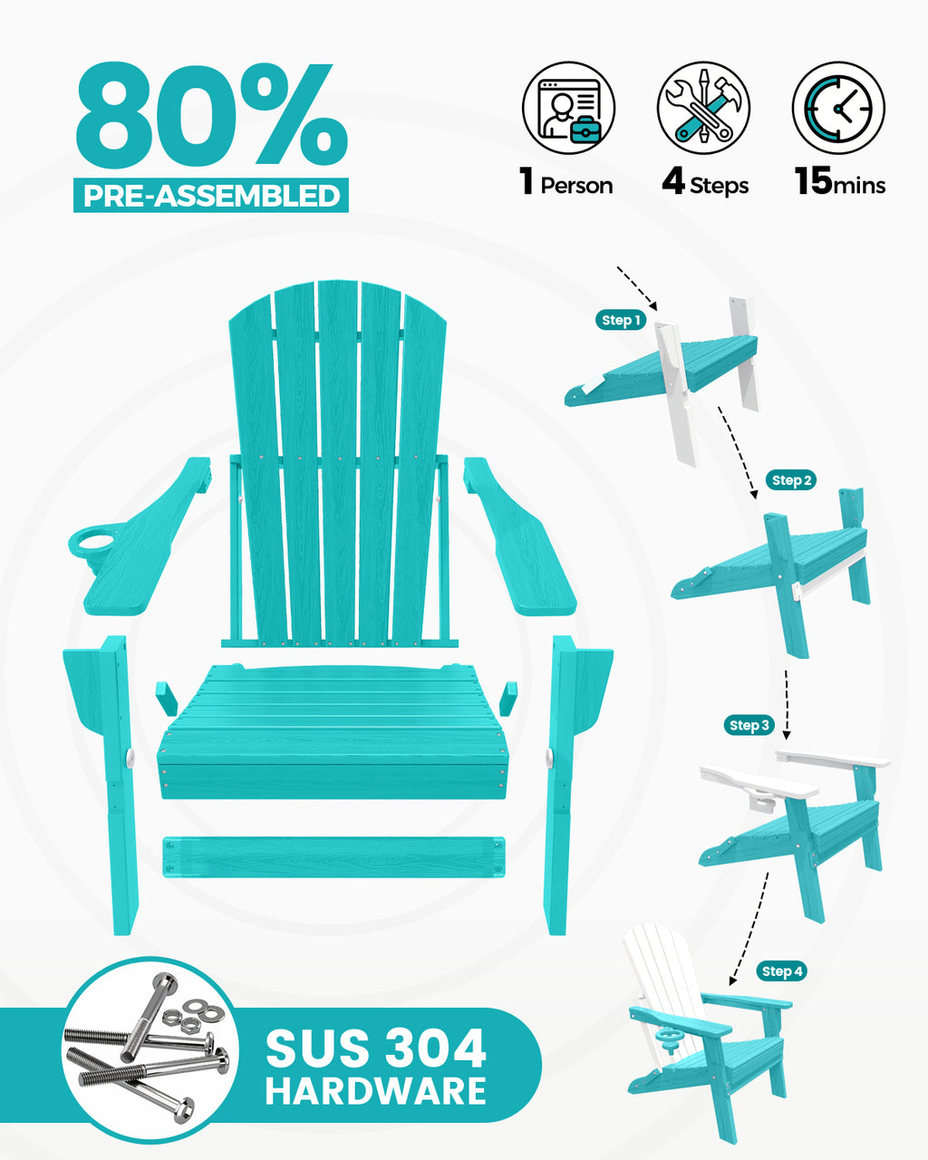 2-Piece Teak Style Adirondack Chair Set – Folding HDPE Outdoor Chairs for Patio, Porch & Backyard