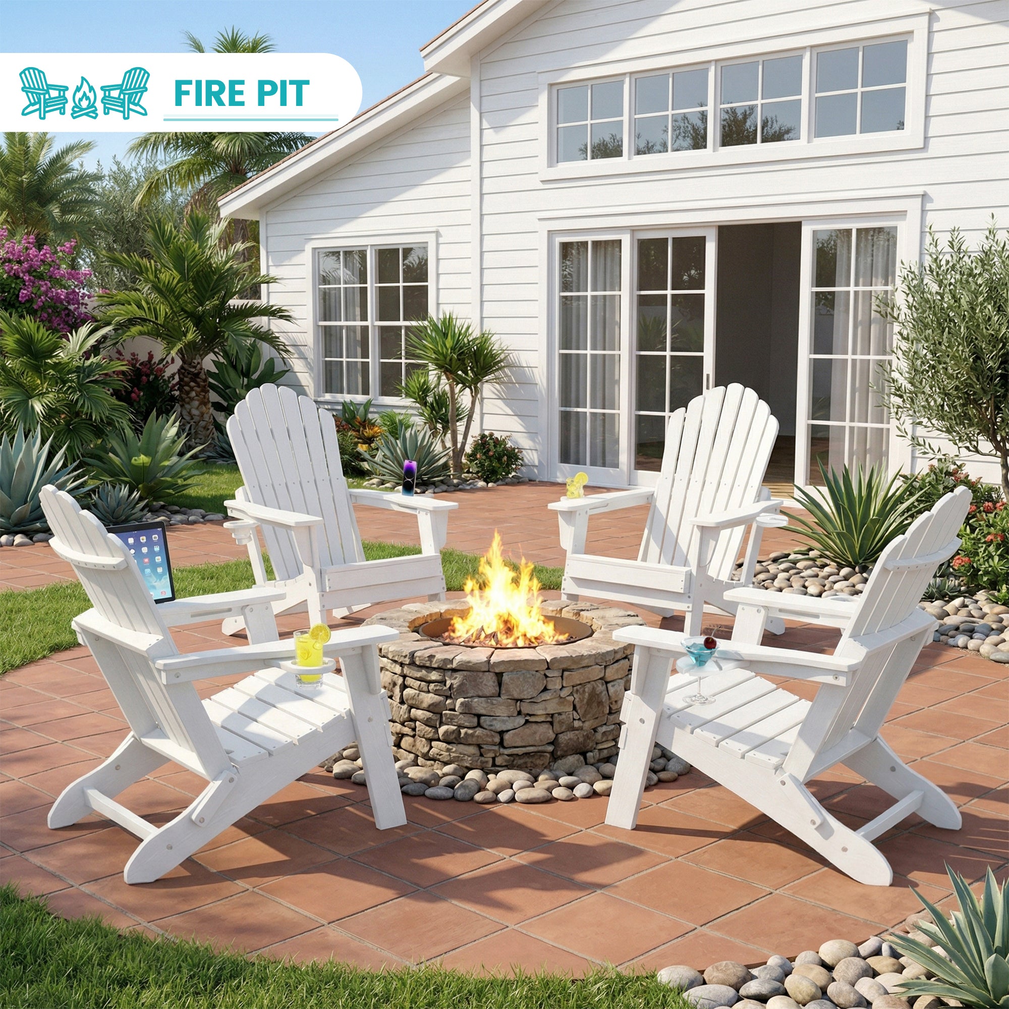 Cobiod Folding Adirondack Chairs Set of 2 with Double Cup Holders, Oversized Outdoor Patio Chairs, HDPE All-Weather for patio, garden, yard