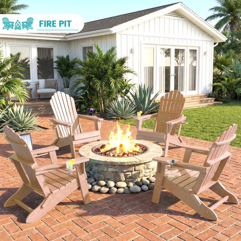 Cobiod Folding Adirondack Chairs Set of 4 with Double Cup Holders, HDPE All-Weather Patio Chair for Fire Pit, Pool & Garden