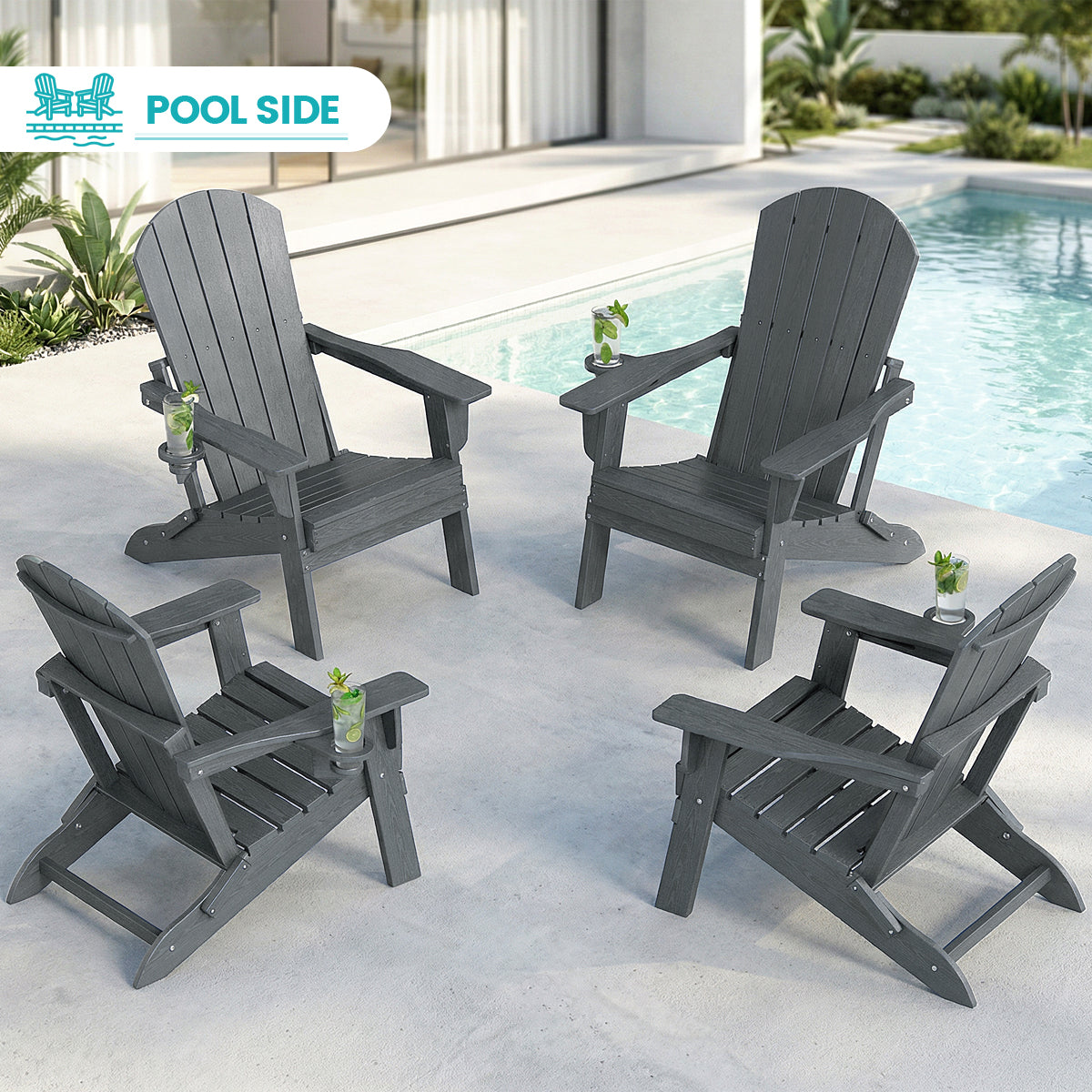 2-Piece Teak Style Adirondack Chair Set – Folding HDPE Outdoor Chairs for Patio, Porch & Backyard