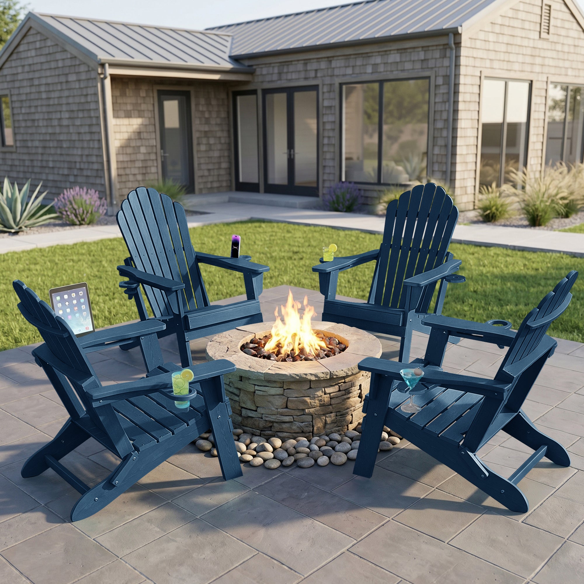 Cobiod Folding Adirondack Chairs Set of 4 with Double Cup Holders, HDPE All-Weather Patio Chair for Fire Pit, Pool & Garden