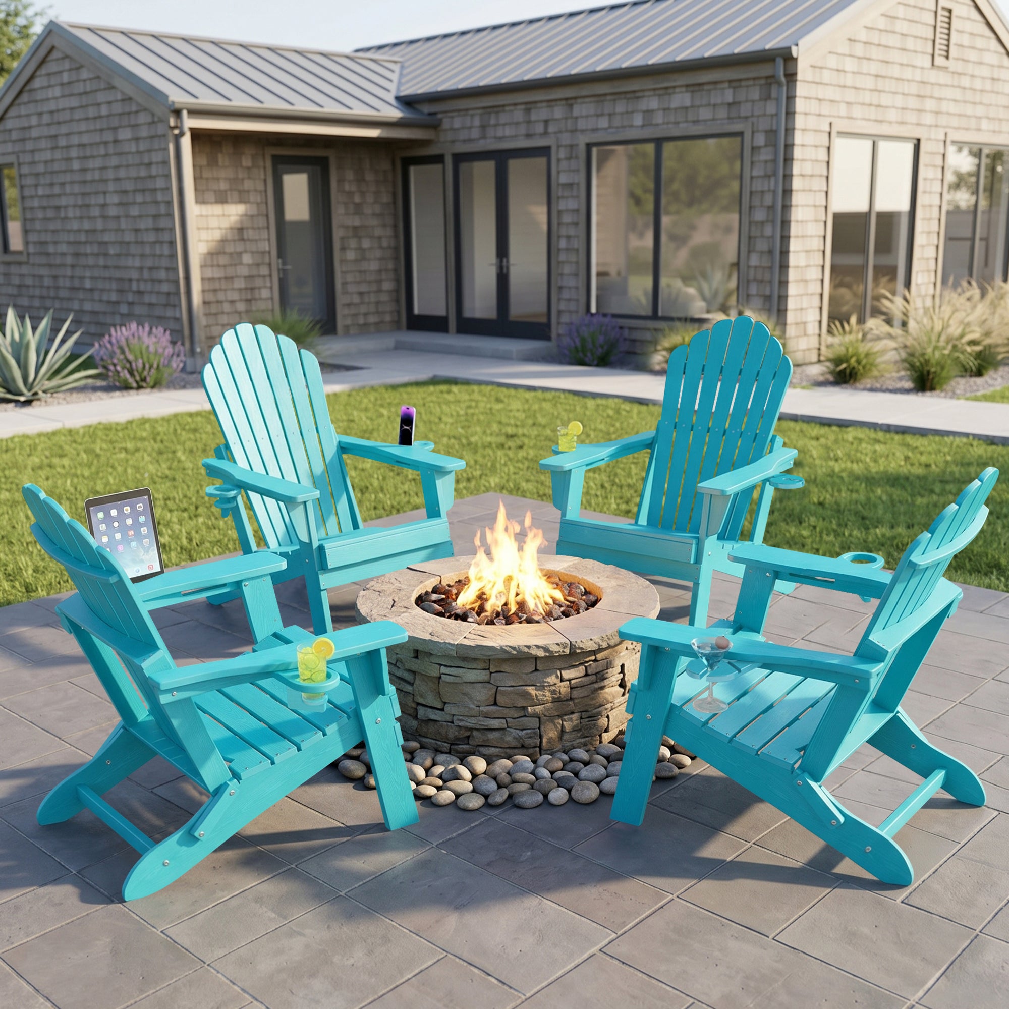 Cobiod Folding Adirondack Chairs Set of 4 with Double Cup Holders, HDPE All-Weather Patio Chair for Fire Pit, Pool & Garden