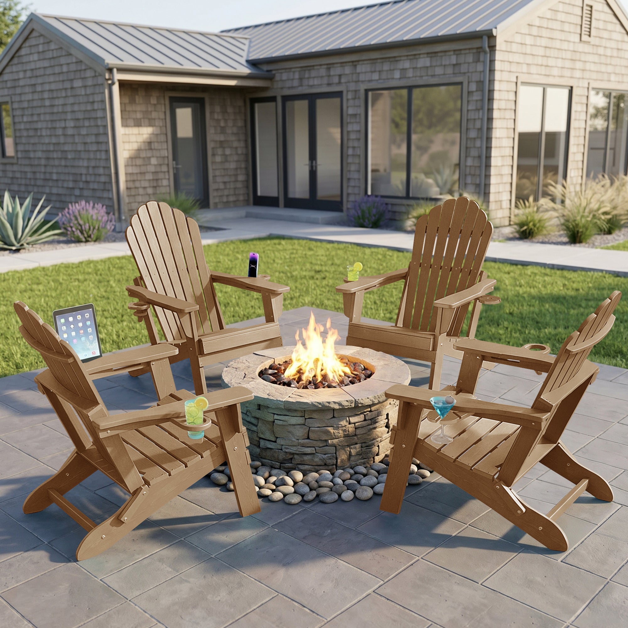 Cobiod Folding Adirondack Chairs Set of 4 with Double Cup Holders, HDPE All-Weather Patio Chair for Fire Pit, Pool & Garden