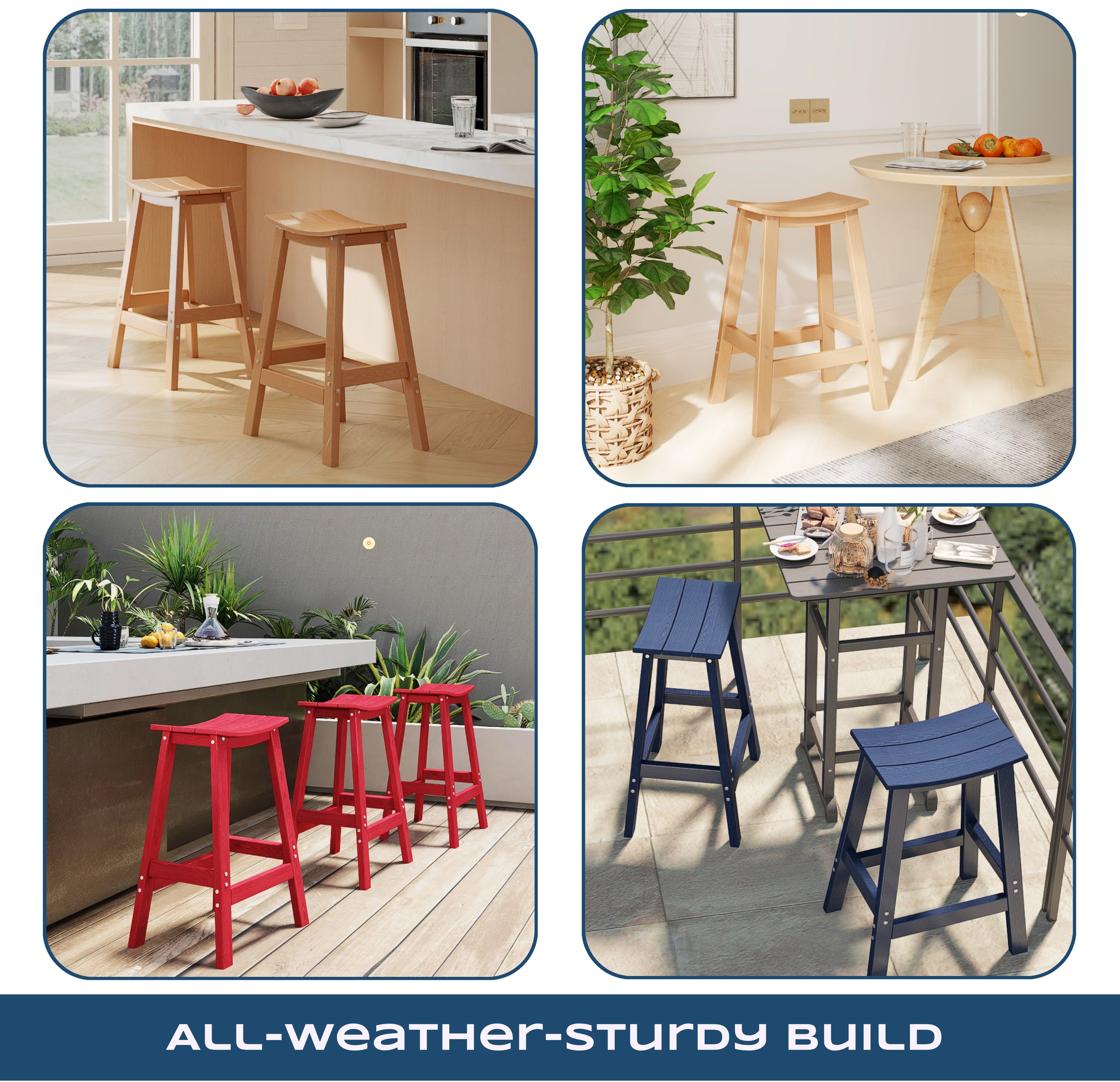 Cobiod Bar Stools Set of 2 Chairs,Saddle Bar stools with Curved Surface,Kitchen Counter Seat with Footrests,HDPE All-Weather for Patio, Garden and Kitchen