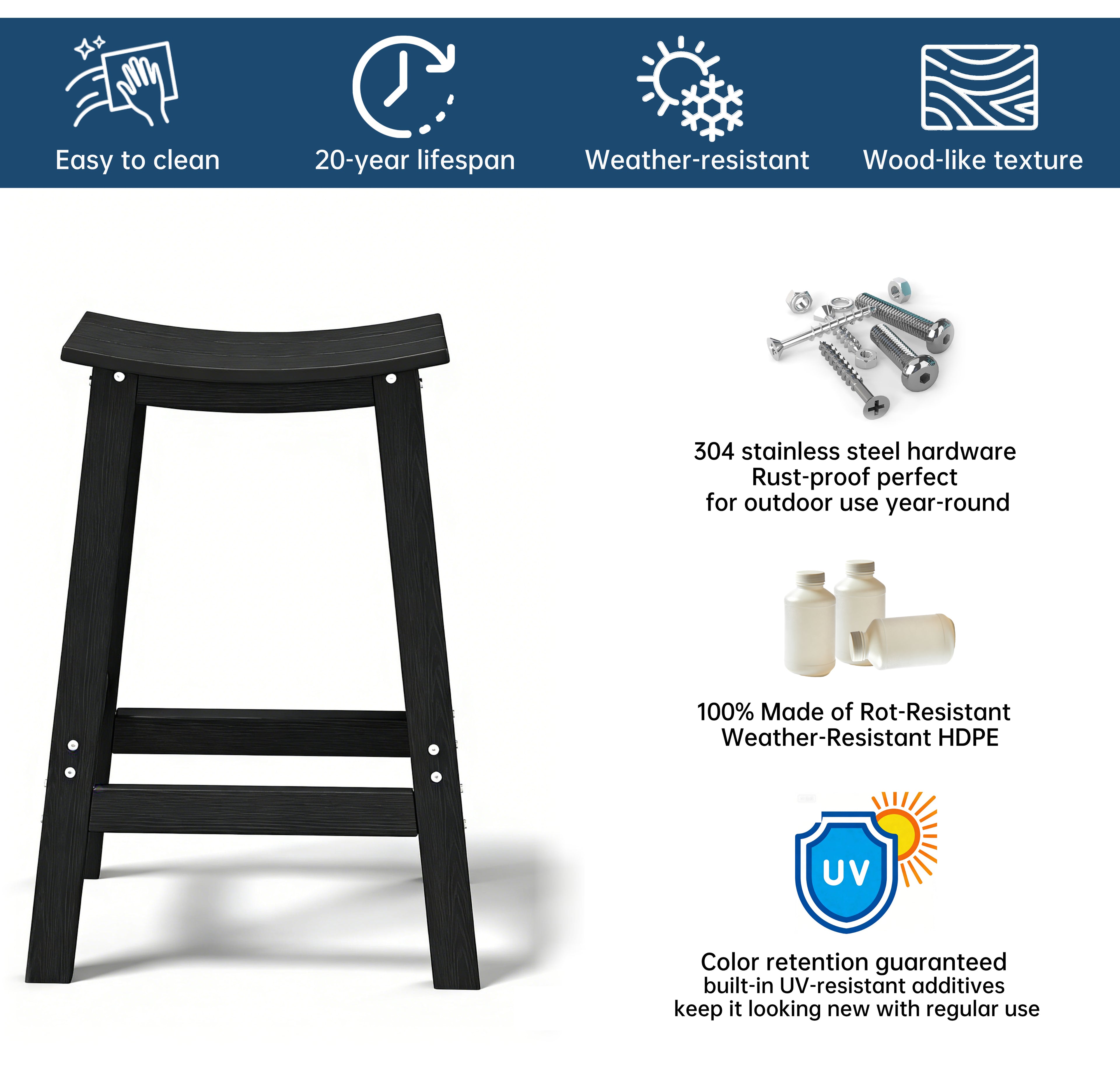 Cobiod Bar Stools Set of 2 Chairs,Saddle Bar stools with Curved Surface,Kitchen Counter Seat with Footrests,HDPE All-Weather for Patio, Garden and Kitchen