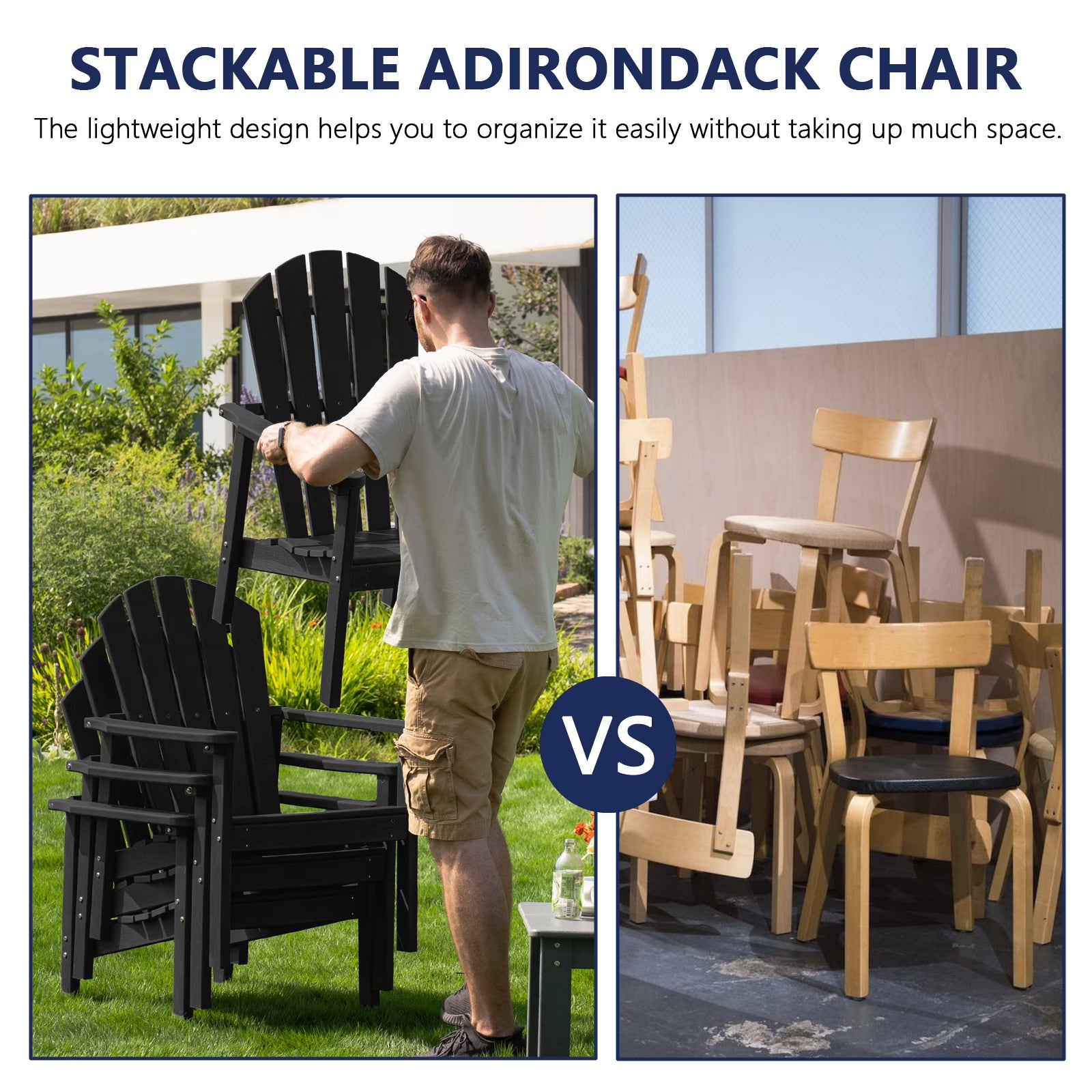 Cobiod Stackable Adirondack Chair, HDPE All-Weather Patio Chair, Wood Grain Ergonomic Outdoor Chair for Backyard