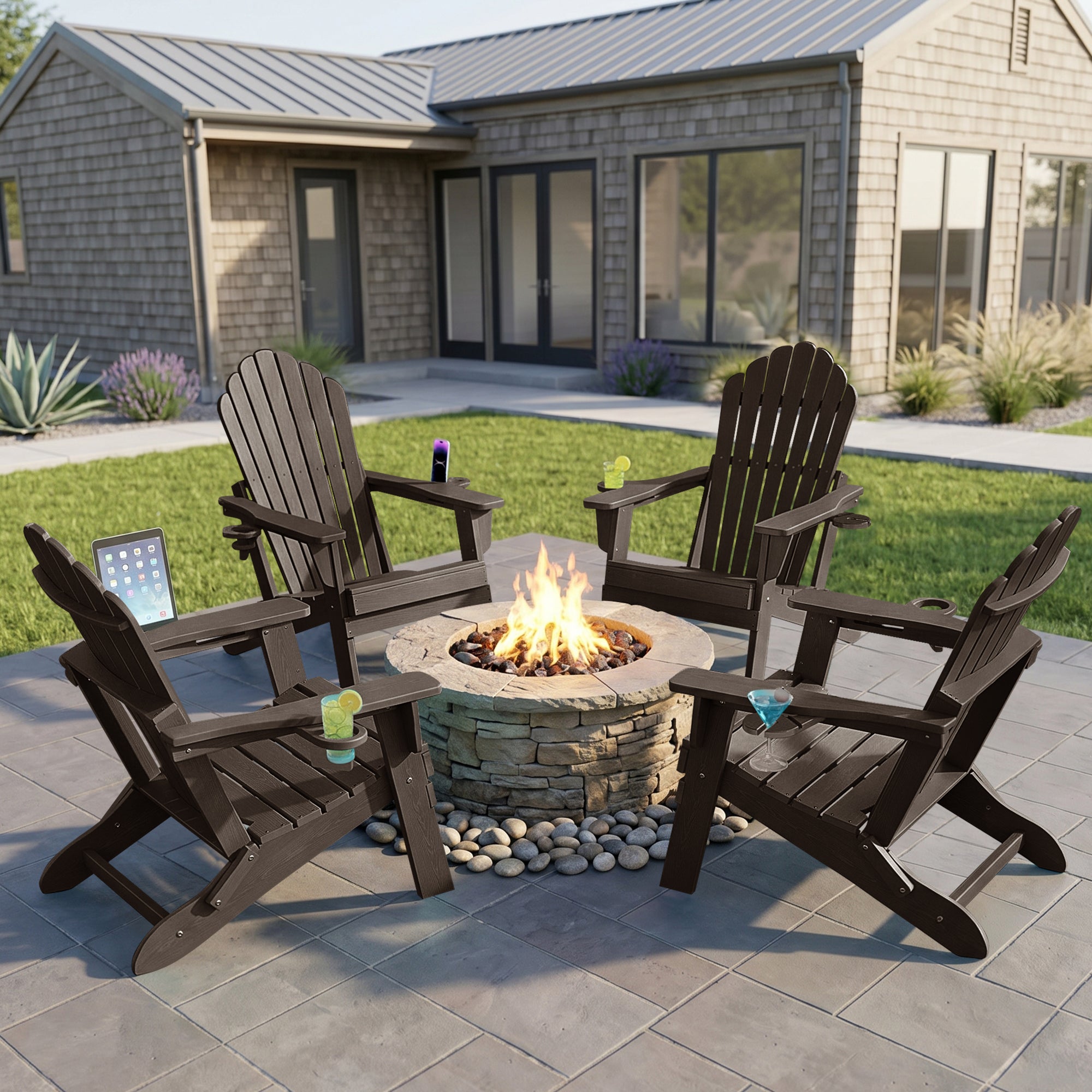 Cobiod Folding Adirondack Chairs Set of 4 with Double Cup Holders, HDPE All-Weather Patio Chair for Fire Pit, Pool & Garden