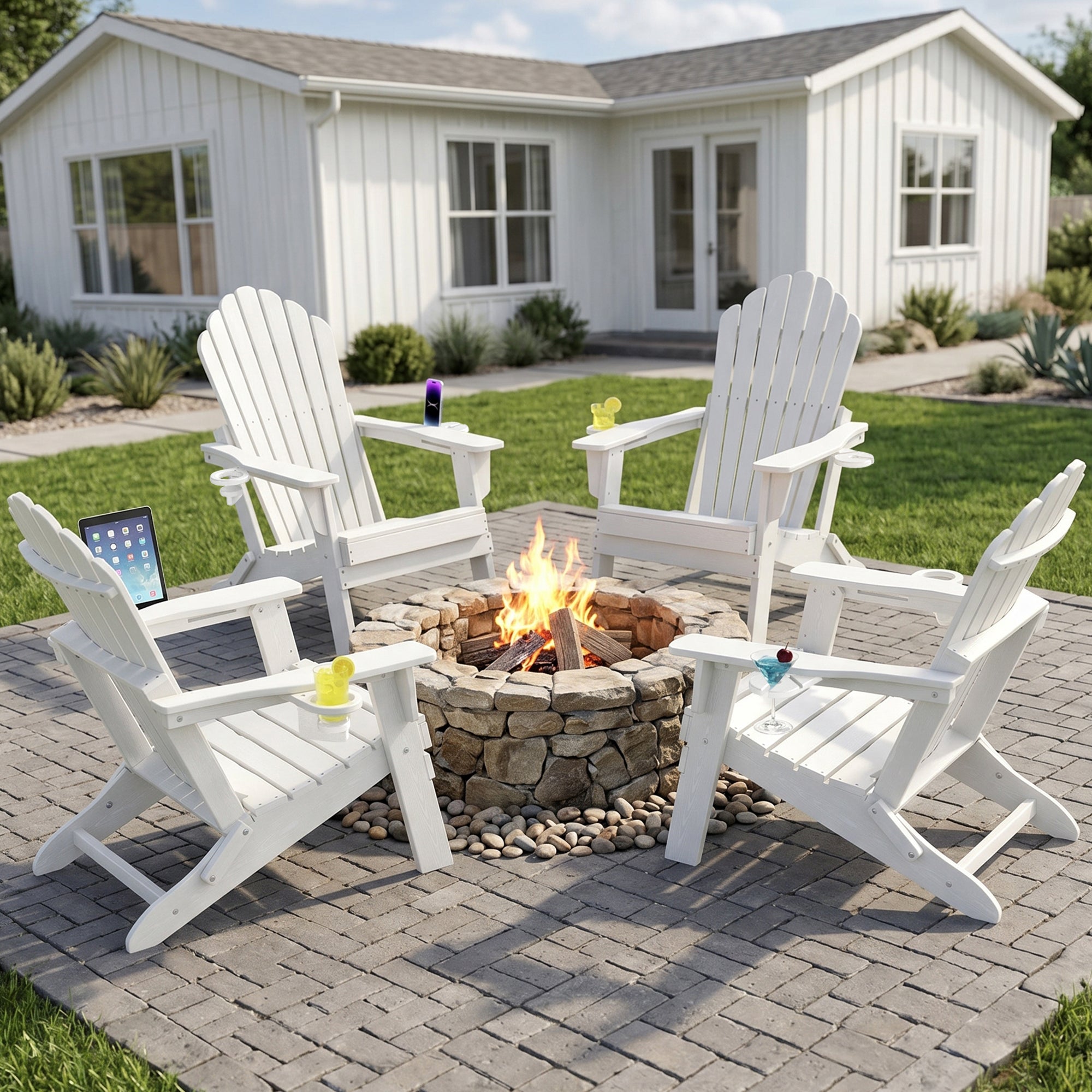 Cobiod Folding Adirondack Chairs Set of 4 with Double Cup Holders, HDPE All-Weather Patio Chair for Fire Pit, Pool & Garden