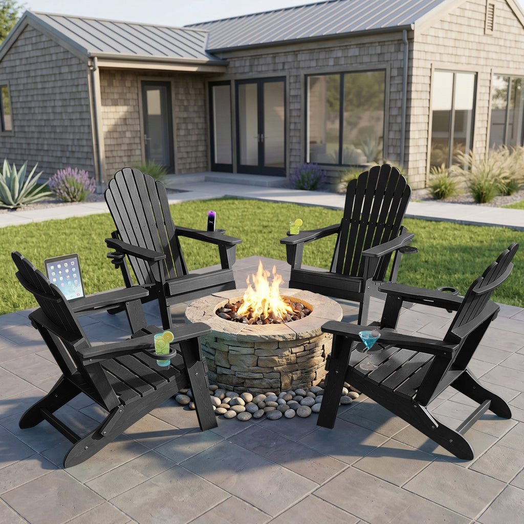Cobiod Folding Adirondack Chairs Set of 4 with Double Cup Holders, HDPE All-Weather Patio Chair for Fire Pit, Pool & Garden