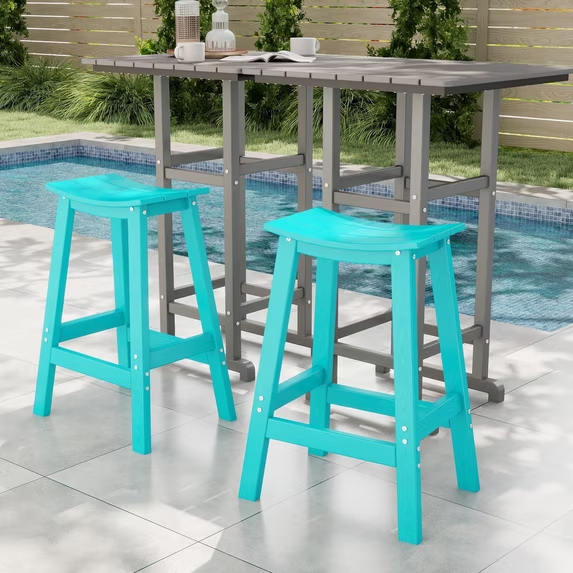 Cobiod Bar Stools Set of 2 Chairs,Saddle Bar stools with Curved Surface,Kitchen Counter Seat with Footrests,HDPE All-Weather for Patio, Garden and Kitchen